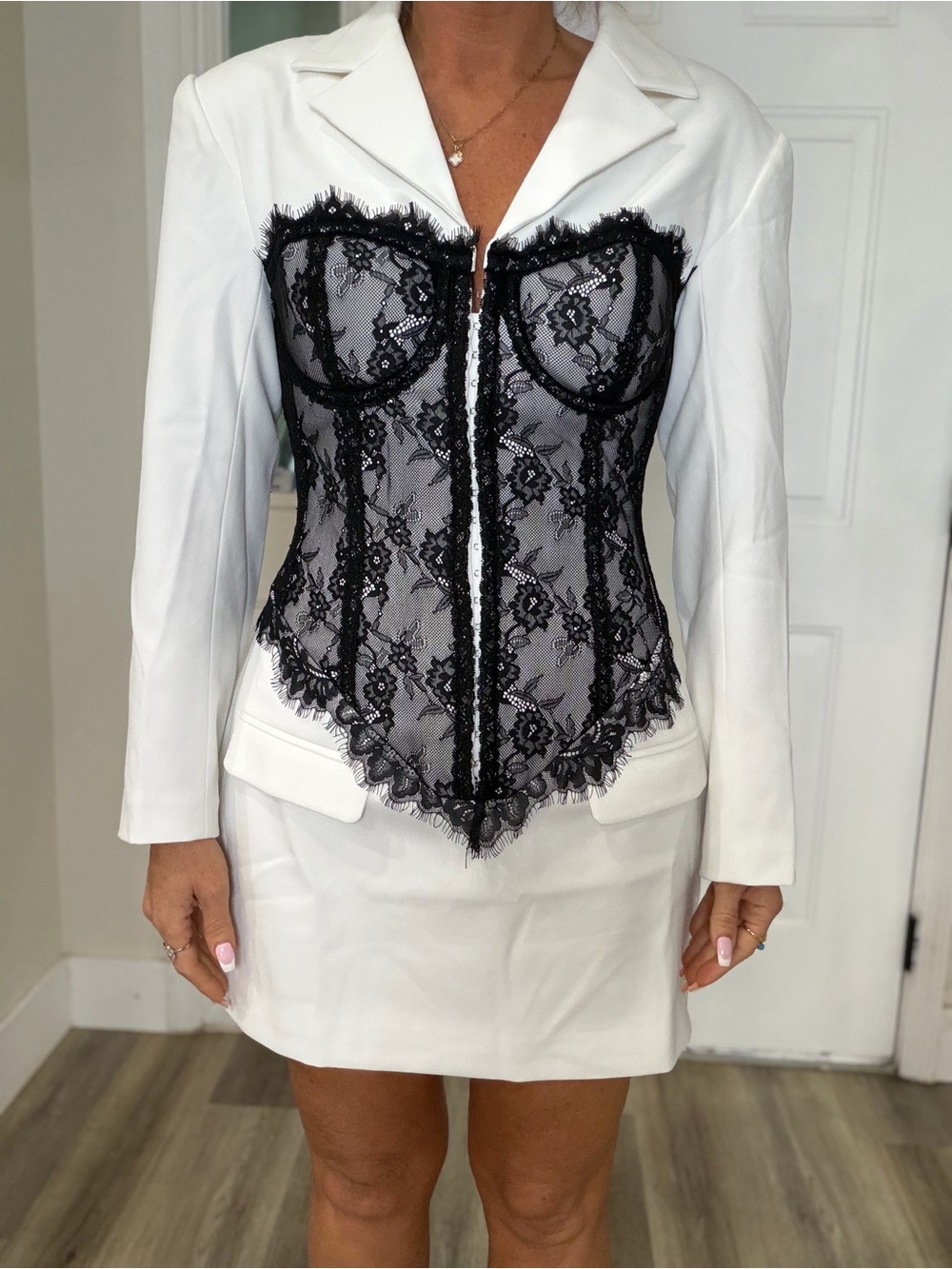 AKIRA White Blazer with Black Lace Corset Detail